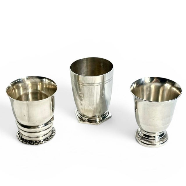 Art Deco French Art Deco Small Silver Plate Cups or Matchstick Holders Including Christofle - Set of 3 For Sale - Image 3 of 16