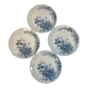 Antique Set of 4 Sampson Hancock Aesthetic Movement Blue Poppy Floral Pattern Dinner Plates From England - Circa 1885