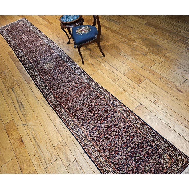 Vintage Persian Tabriz Long Runner, Hand-Woven Wool, All Over Herati Pattern, Navy & Ivory, 3x16 For Sale - Image 4 of 16
