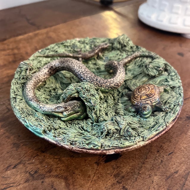 Traditional Antique Portuguese Manuel Mafra Palissy Style Snake Plate For Sale - Image 3 of 6