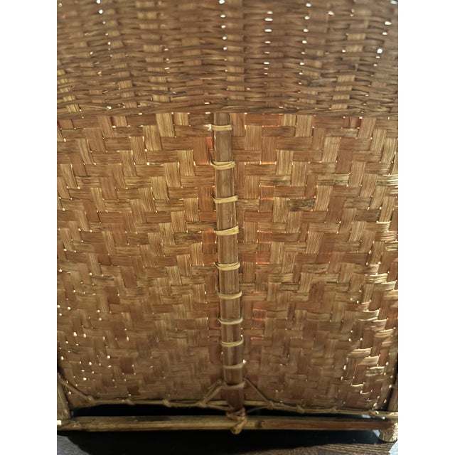 15 Inch Wide Vintage Handwoven Round Reed Market Basket With Strap Loops Mid-20th Century Organic Modern Storage For Sale - Image 4 of 9