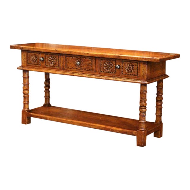Louis Xiii Hand Carved Distressed Walnut Console Sofa Table With
