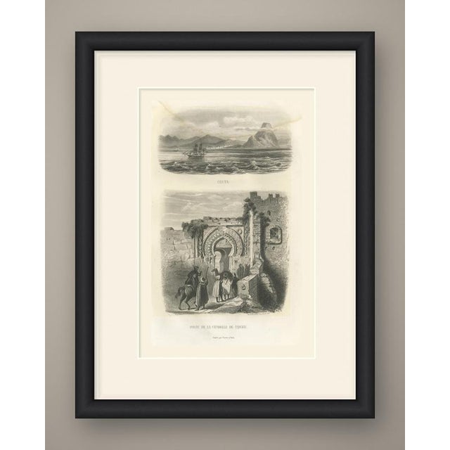 An original antique steel engraving, uncolored, with two views of the coast of the strait of gibraltar, captioned "ceuta"...