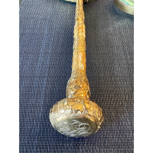 Two Large Magnifiers With 19th Century Gilded and Mother of Pearl Handles Largest: 4"w x 2"d. x 12.75"h smallest: 3.5" x...