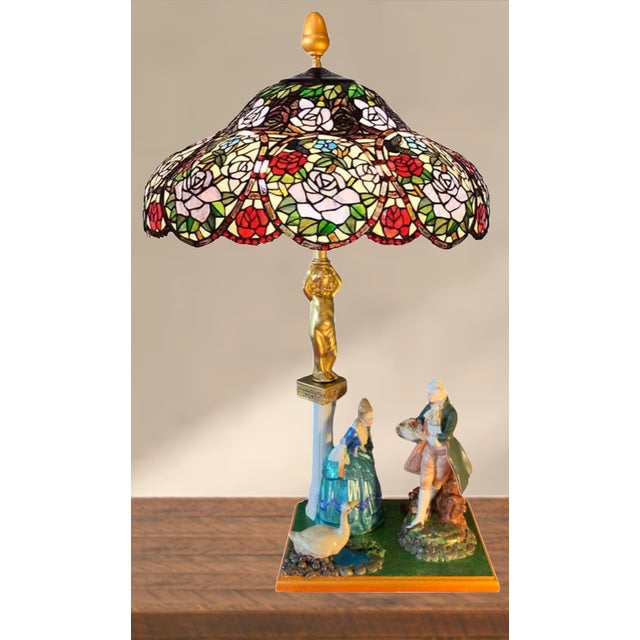 Wood Vintage Figural Porcelain Table Lamp: Courting Couple in a Garden For Sale - Image 7 of 12