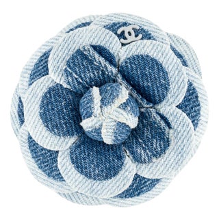 2017 Chanel Brooch Camellia Washed Denim Blue White Spring Double C CC For Sale