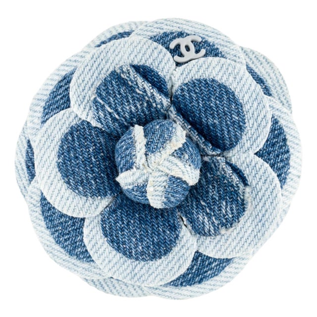 2017 Chanel Brooch Camellia Washed Denim Blue White Spring Double C CC For Sale