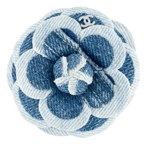 2017 Chanel Brooch Camellia Washed Denim Blue White Spring Double C CC