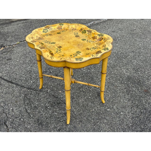 Mid 20th Century Mid 20th C. Hand Painted Mustard Yellow Tole Serving Tray on Fitted Faux Bamboo X Base Stand For Sale - Image 5 of 11