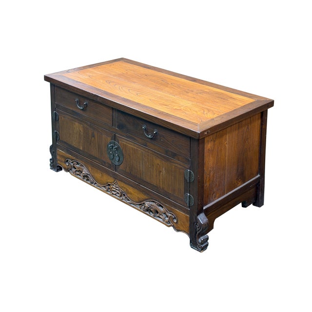 Asian Vintage Asian Brown Kirin Motif Low Tv Console Cabinet For Sale - Image 3 of 15