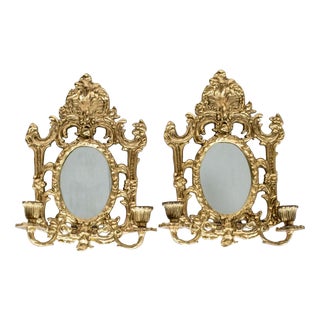 Antique Brass Sconces with Mirrors, Set of 2 For Sale