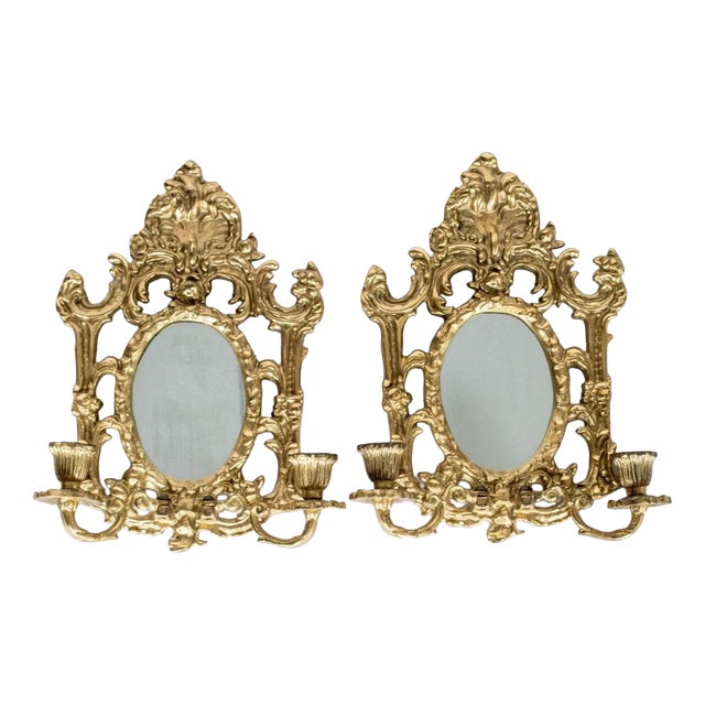 Antique Brass Sconces with Mirrors, Set of 2 For Sale