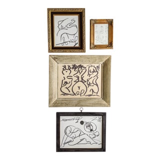 Contemporary Black and White Abstract Sketch Artworks by Artist Akop Tashchyan in Vintage Frames. Lot of 4 For Sale
