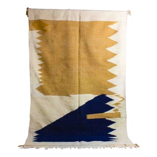 Vintage Wool Berber Rug with Abstract Shapes in Blue and Beige, 1970s For Sale