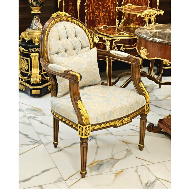 French French Louis XVI Damask Accent Armchair With Hand-Carved Wood Frame & Gold Leaf Details For Sale - Image 3 of 6