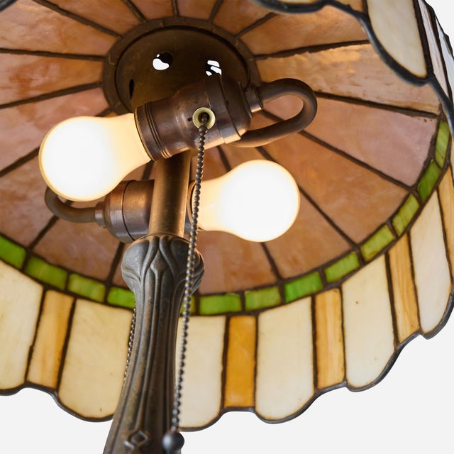 1920s Art Nouveau Slag Glass Table Lamp with Metal Overlay For Sale - Image 10 of 14