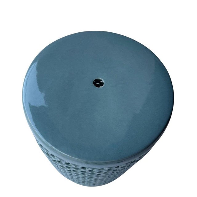 Ceramic Lanie Deep Blue Glaze Lattice Garden Stool For Sale - Image 7 of 10