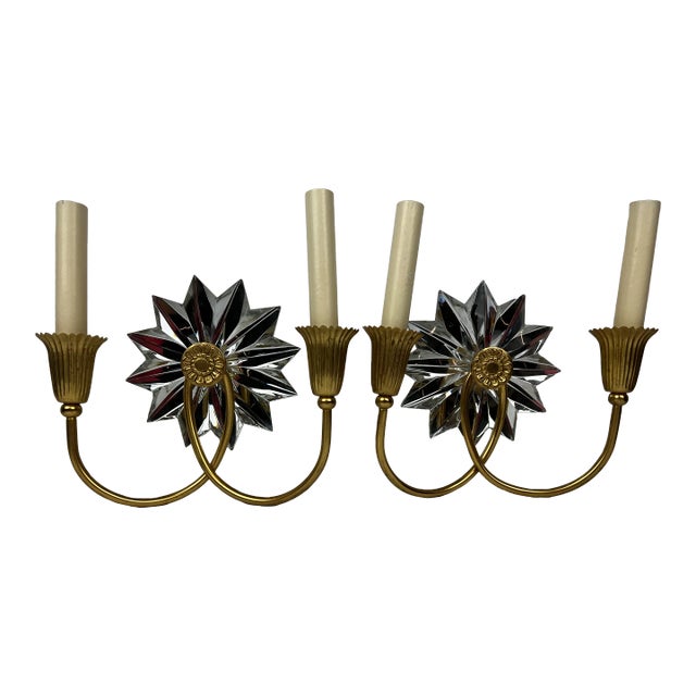 Pair of Gilt Two Light Sconces With Mirrored Twelve Point Star Bursts For Sale
