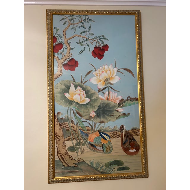 1990s Chinoiserie Oil on Silk Painting of Birds With Lotus Blooms by Chelsea - a Pair For Sale - Image 12 of 18