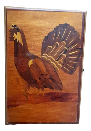 Antique Handcrafted Wooden Box with Inserted Wood Grouse Motive