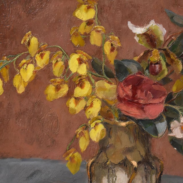 Angelina-Marie-Eugénie Drumaux, Art Deco Still Life with Flower Vase, 20th Century, Oil on Canvas, Framed For Sale - Image 5 of 12