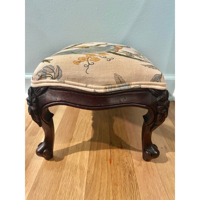 1940’s French Style Louis XV Carved Mahogany Footstool With New Upholstery For Sale - Image 4 of 11