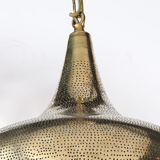 Metal Mid-Century Teardrop Form Antique Brass Pendant W/ Pierced Detailing Chandelier For Sale - Image 7 of 9
