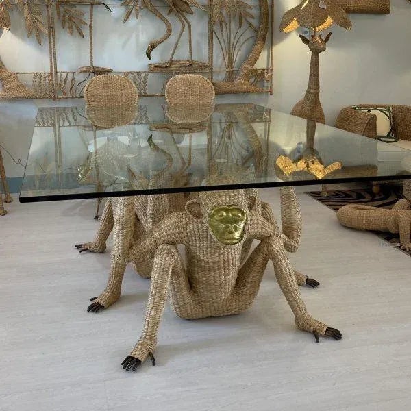 4 Monkeys Dining Table By Mario Lopez Torres Signed Mario Lopez Torres Est. 1974. Brass accents. Wear to glass top from...