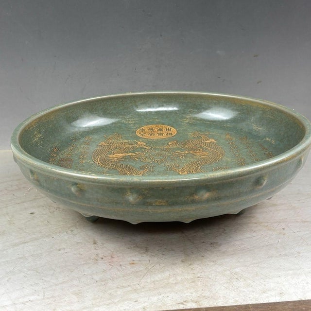 This is a striking, large-scale vintage porcelain basin (or brush washer), crafted in the style of Song Dynasty Ru ware...