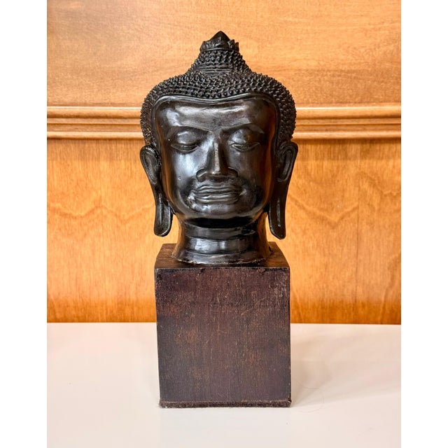 Antique U Thong Bronze Buddha Head Thailand For Sale - Image 9 of 10