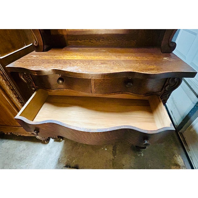 Antique Victorian Carved Tiger Oak Wood Buffet With Mirror For Sale - Image 11 of 12