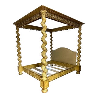 Carved Gilt Italian 4 Poster Canopy Bed For Sale