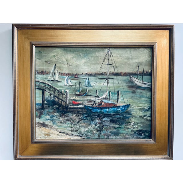 Cornflower Blue 1970s M Morton Nautical Impressionist Signed Oil on Canvas For Sale - Image 8 of 9