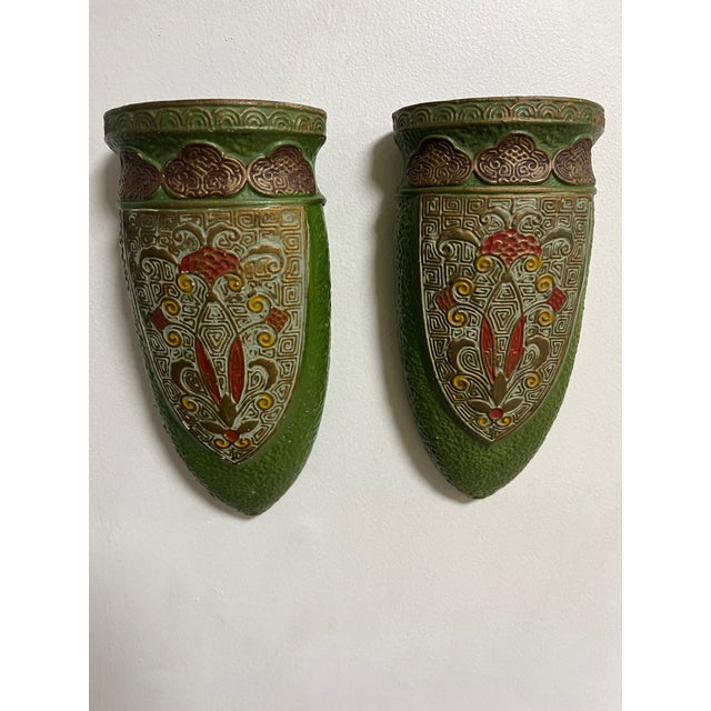 (2) matching antique wall vessels Made in Japan Set of art deco Japanese hand painted ceramic wall vases. 4" x 8" x 2"...
