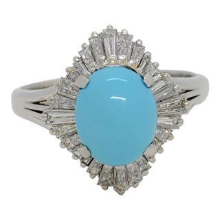 Turquoise and White Diamond Ring in Platinum, size 5.25 For Sale