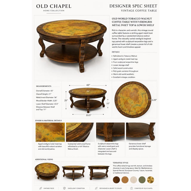 Rustic European Mid 20th Century Old World Tobacco Walnut Coffee Table With Verdigris Metal Inset Top For Sale - Image 3 of 4