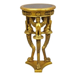 Late 20th Century Egyptian Revival Gold Giltwood Marble Top Sphinx Pedestal Side Table Plant Stand For Sale