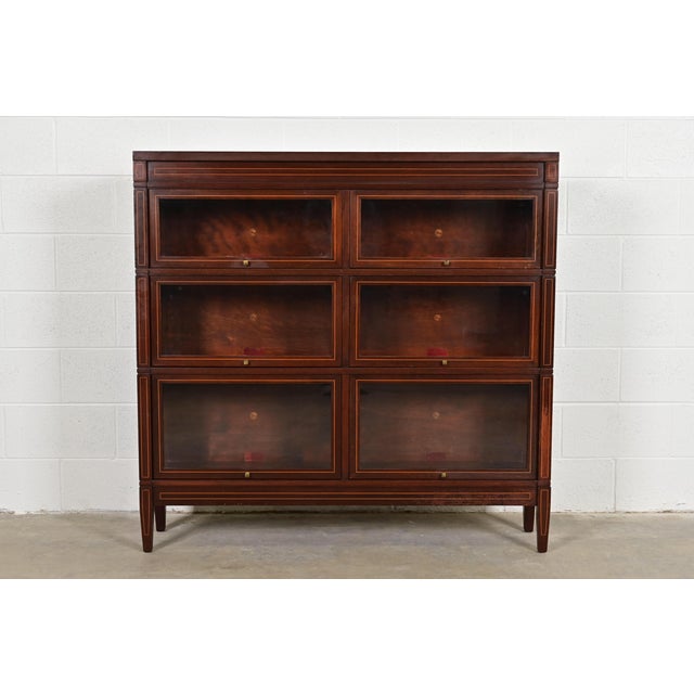 Globe Wernicke Arts & Crafts Inlaid Mahogany Three-Stack Double Barrister Bookcase, Circa 1900 For Sale - Image 13 of 13