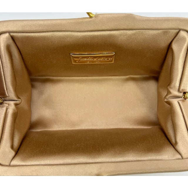 Contemporary Judith Leiber Vintage Tan Silk Wood Bead Sequin Two Tier Minaudiere Bag For Sale - Image 3 of 12