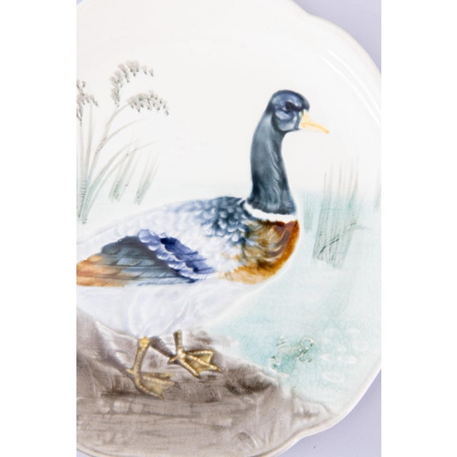 A charming antique French majolica Mallard duck plate by H.B. Boulanger, Choisy le Roi, France, circa 1890. Maker's mark...