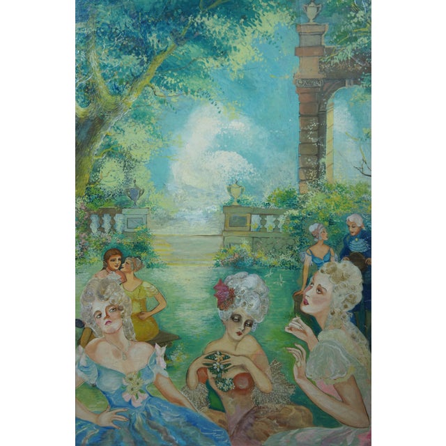 Mid 20th Century Vintage French Colonial Court Garden Party Scene Oil Paintings on Board, Framed - Set of 3 For Sale - Image 4 of 12