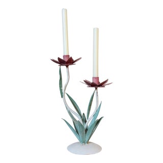 Vintage Tole Lotus Flower 2-Arm Candelabra For Sale