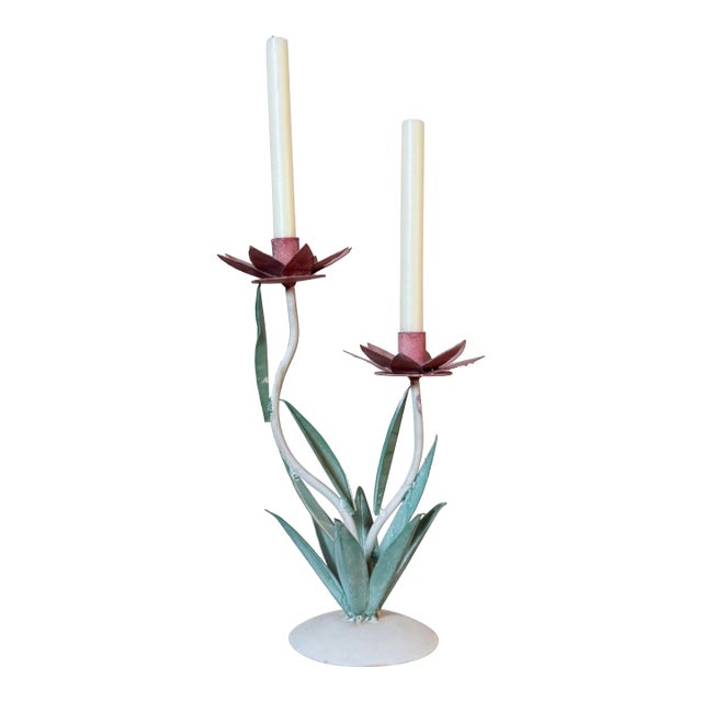 Vintage Tole Lotus Flower 2-Arm Candelabra For Sale