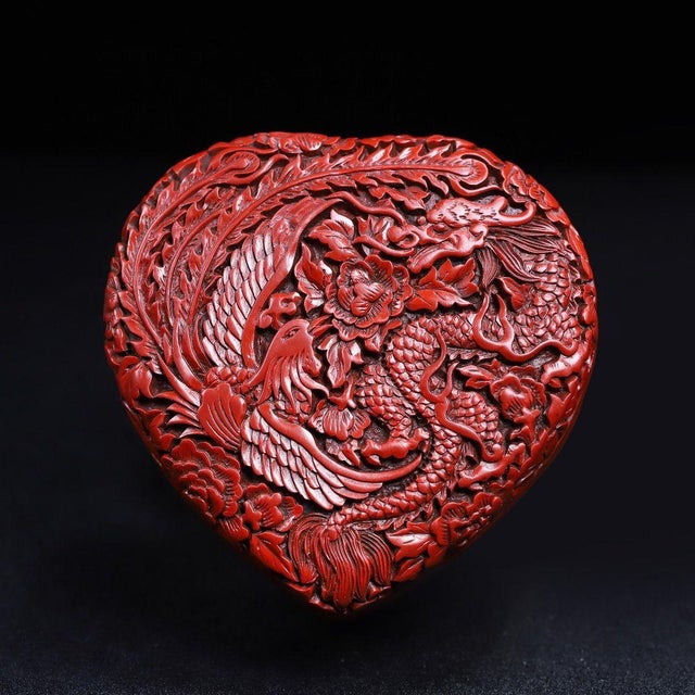 Wood Vintage Chinese Carved Cinnabar Lacquer Heart-Shaped Box, Dragon & Phoenix Among Peonies For Sale - Image 7 of 10