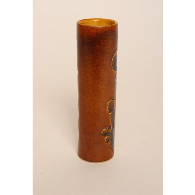 1960s Vintage Studio Pottery Sunburst and Botanical Motif Matte Amber Glazed Vase For Sale - Image 5 of 18