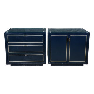2 Mid Century John Stuart Navy Blue Lacquer Nightstands Bedside Chests MCM Pair For Sale