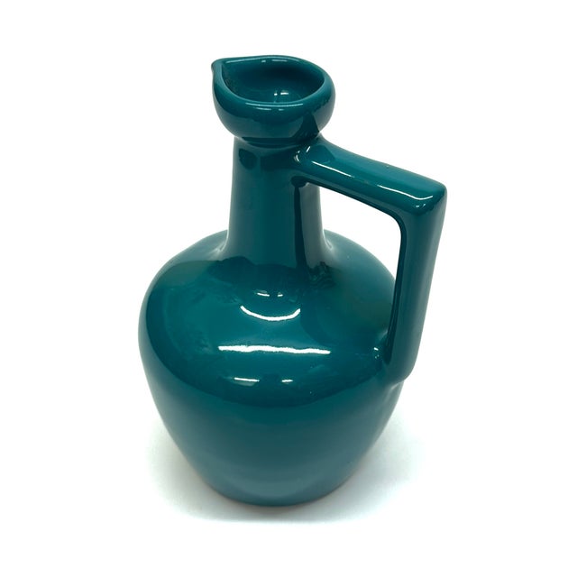 Mid 20th Century Art Deco Blue Green Long Necked Ceramic Pitcher Curation - Set of 3 For Sale In Miami - Image 6 of 9