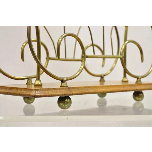 Brown Antique English Victorian Brass and Oak Wood Scrolling Magazine Rack For Sale - Image 8 of 11