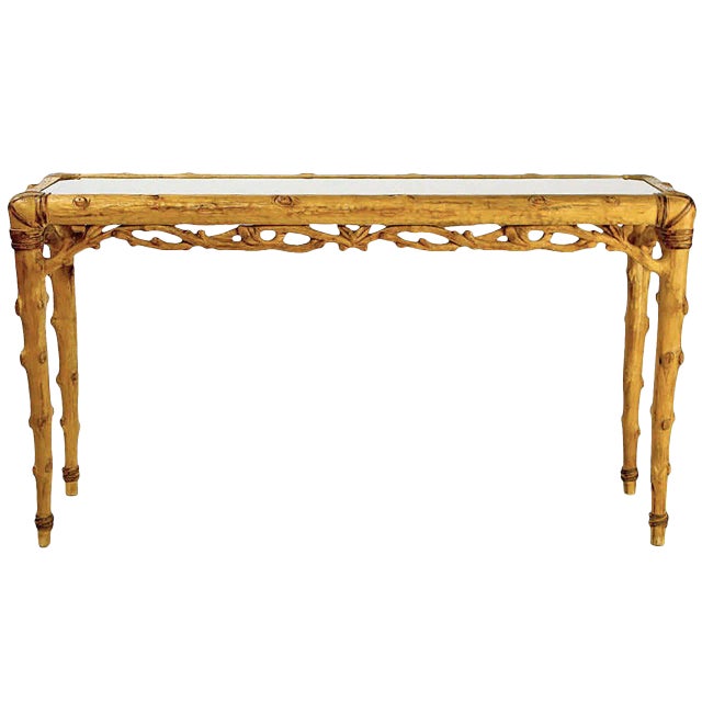 Faux Bois Carved Wood and Glass Console Table For Sale