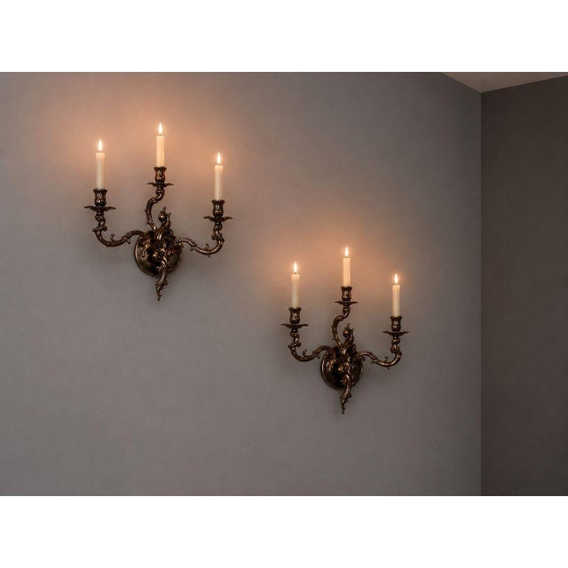 Louis XV Rococo Style, Candle Holder Sconces or Wall Lights, Bronze, Plastic, France, 20th c. An elegant pair of antique...